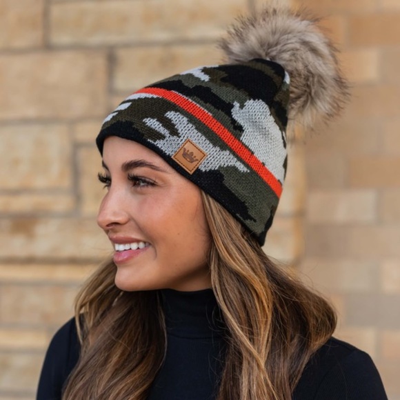 Accessories - SOLD OUT Green Camo Camouflage Orange Stripe Knit Fleece Lined Faux Fur Beanie